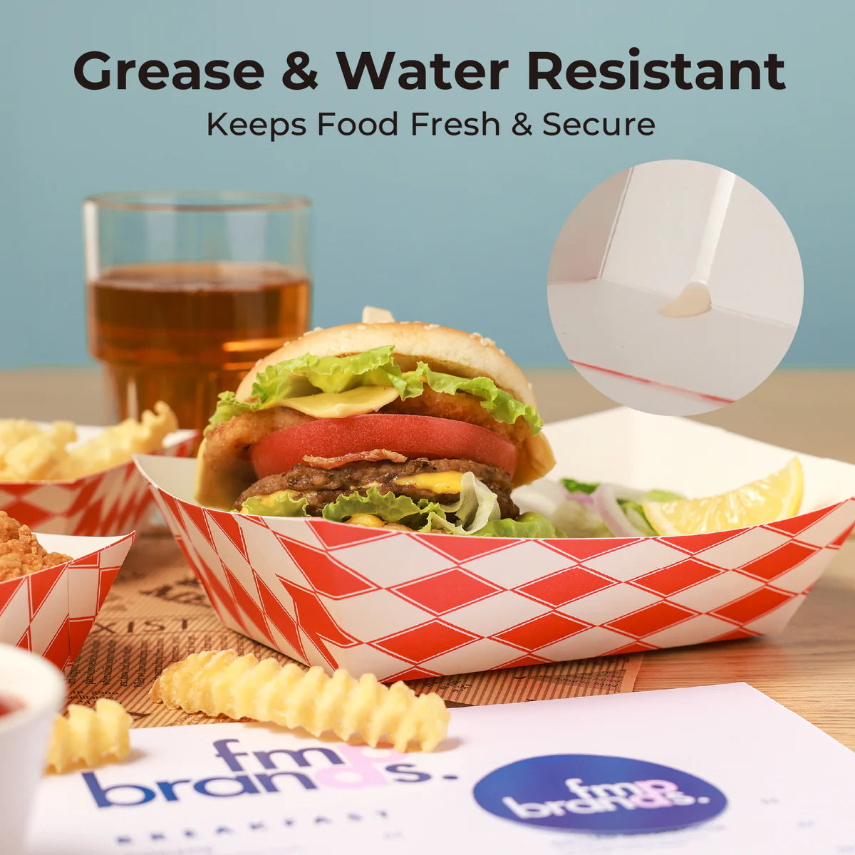 Red Check Paperboard Food Trays – Grease-Resistant, Microwaveable
