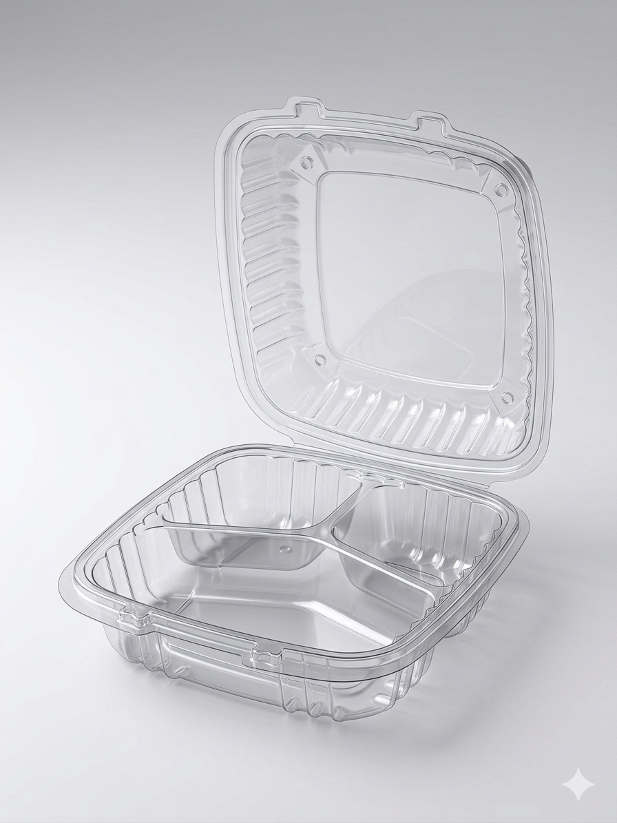 Dart Clear PP 3-Compartment Hinged Lid Container – 9" x 9" x 3" – 150/Case