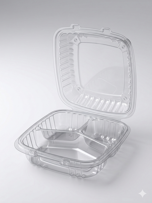 Dart Clear PP 3-Compartment Hinged Lid Container – 9" x 9" x 3" – 150/Case