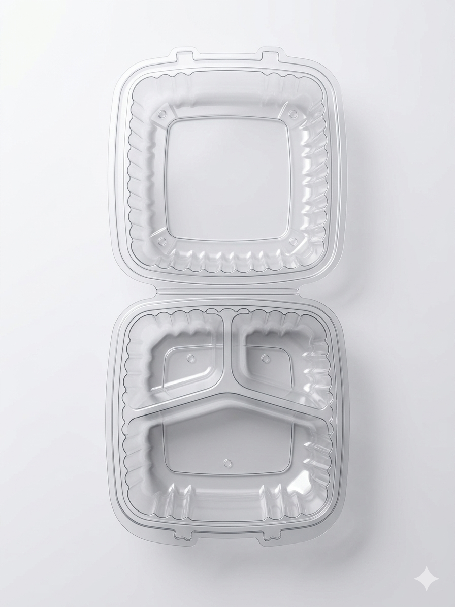 Dart Clear PP 3-Compartment Hinged Lid Container – 9" x 9" x 3" – 150/Case
