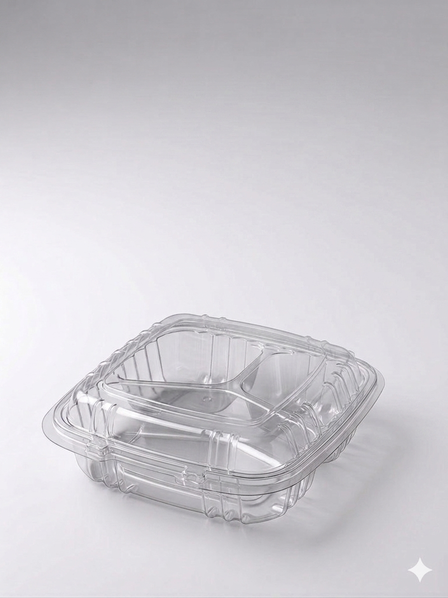Dart Clear PP 3-Compartment Hinged Lid Container – 9" x 9" x 3" – 150/Case