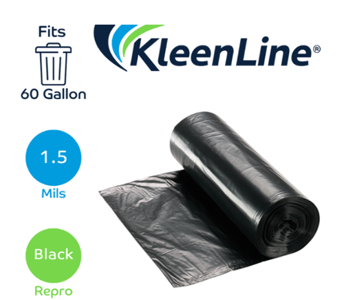 KleenLine 60 Gallon LLDPE Can Liners, Black, 38" x 58", 1.5 Mil, Coreless Roll – 100/Case