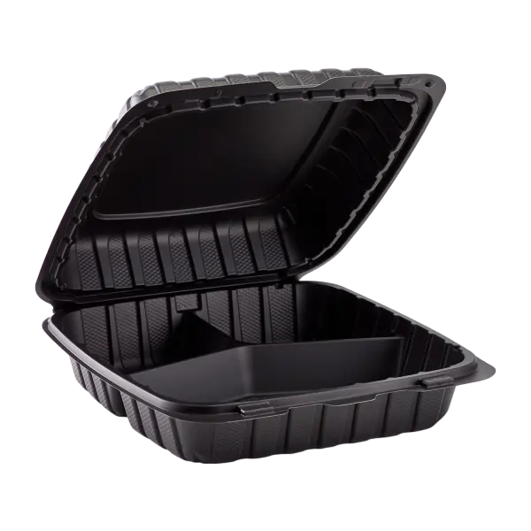 EcoDine by CrystalWare 9" x 9" x 3" MFPP 3-Compartment Hinged Clamshell, Black – 150/Case