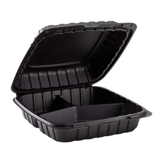 EcoDine by CrystalWare 9" x 9" x 3" MFPP 3-Compartment Hinged Clamshell, Black – 150/Case