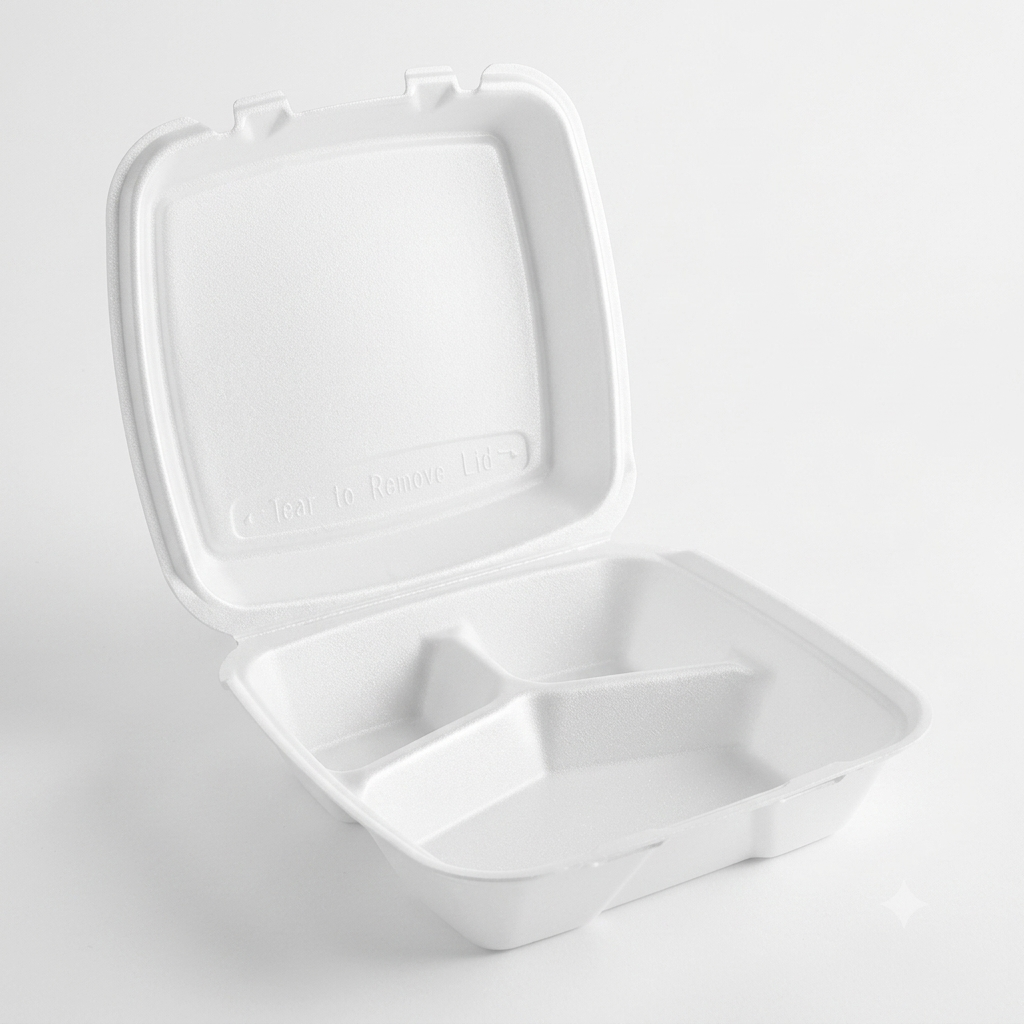 Dart White Foam Large 3-Compartment Hinged Lid Container – 9" x 9" x 3" – 200/Case