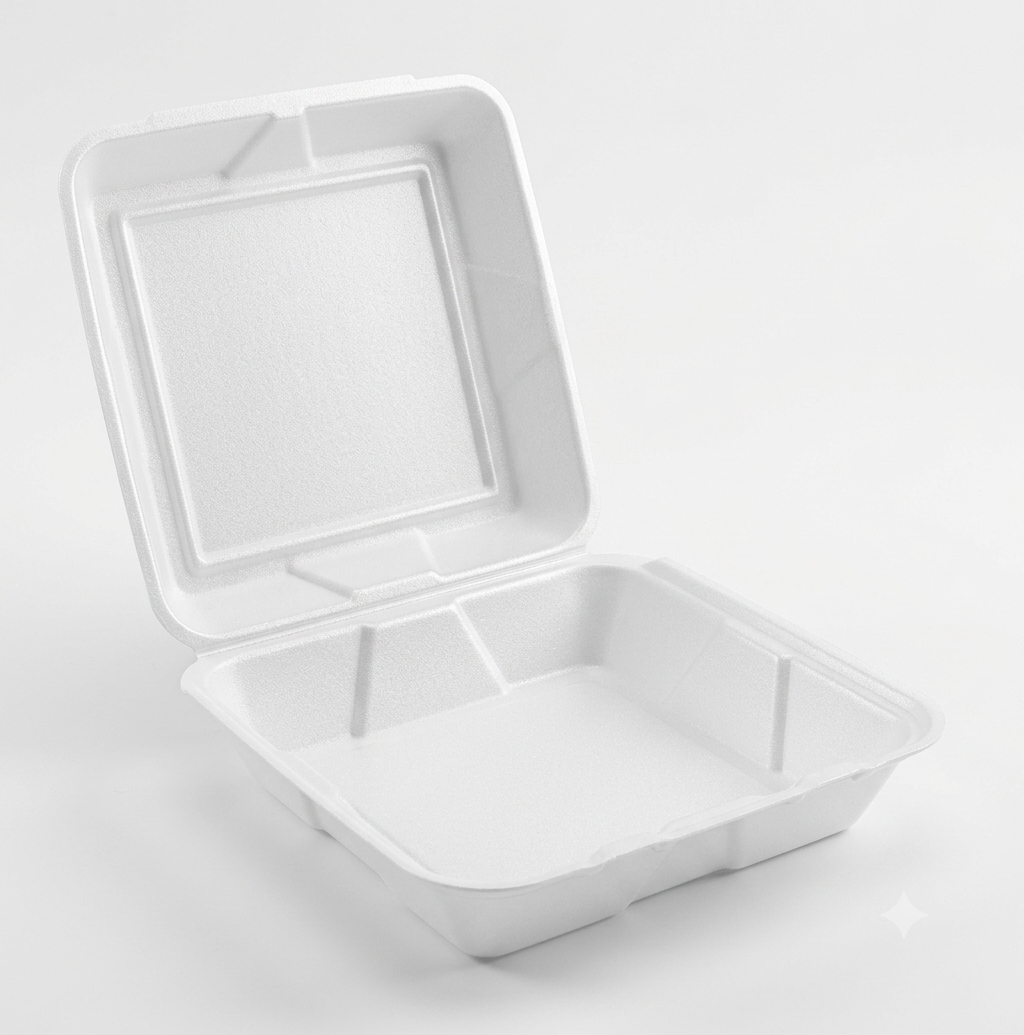 Dart White Foam Single-Compartment Hinged Lid Container – 9.5" x 9" x 3" – 200/Case