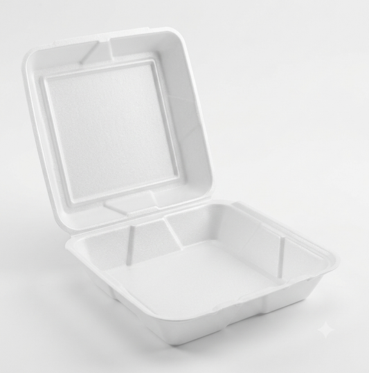 Dart White Foam Single-Compartment Hinged Lid Container – 9.5" x 9" x 3" – 200/Case