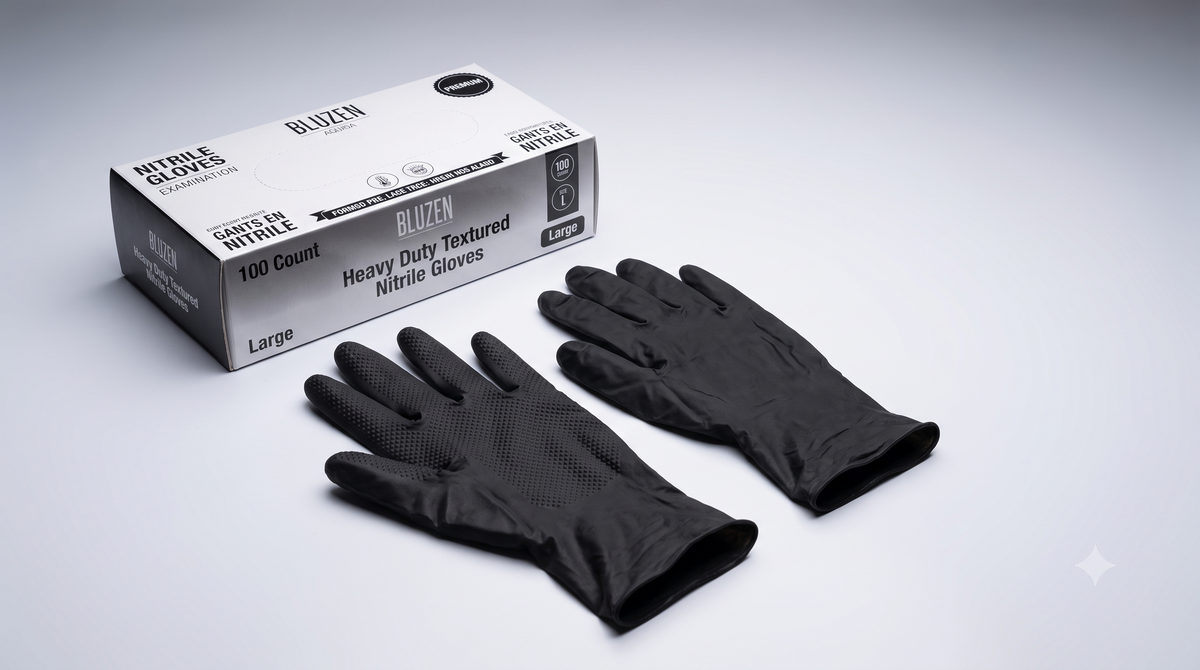 Bluzen Heavy Duty Textured Nitrile Gloves, Large – 1000/Case
