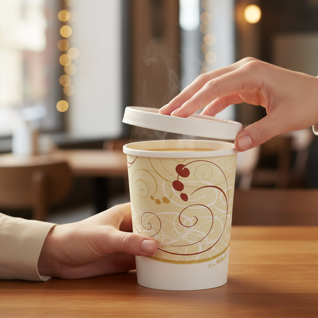 Dart 32 oz. Symphony Print Double Poly-Paper Soup / Hot Food Cup with Vented Paper Lid - 250/Case