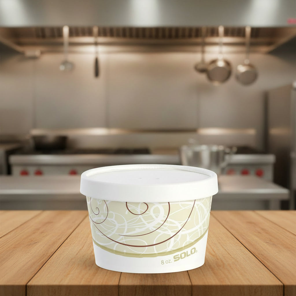 Dart 8 oz. Symphony Print Double Poly-Paper Soup / Hot Food Cup with Vented Paper Lid - 250/Case