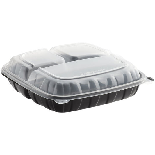 Smart Company Black/Clear PP 3-Compartment Hinged Lid Container – 10" x 10" x 3" – 120/Case