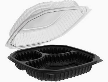 Smart Company Black/Clear PP 3-Compartment Hinged Lid Container – 10" x 10" x 3" – 120/Case