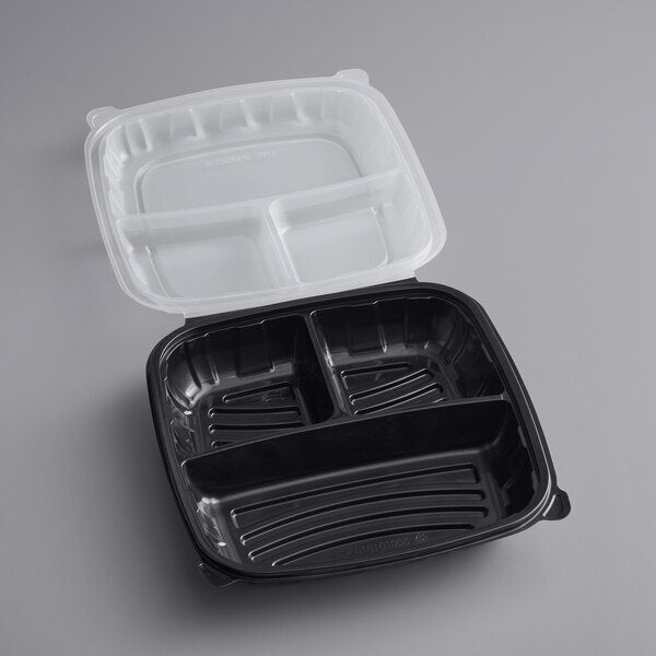 Smart Company Black/Clear PP 3-Compartment Hinged Lid Container – 10" x 10" x 3" – 120/Case