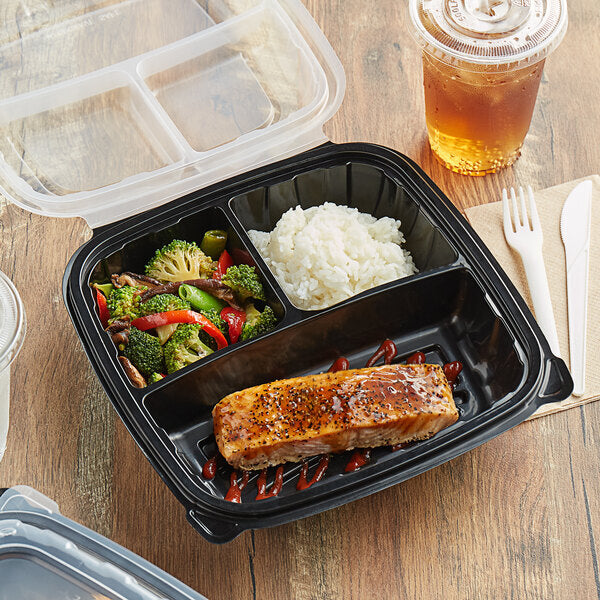 Smart Company Black/Clear PP 3-Compartment Hinged Lid Container – 10" x 10" x 3" – 120/Case